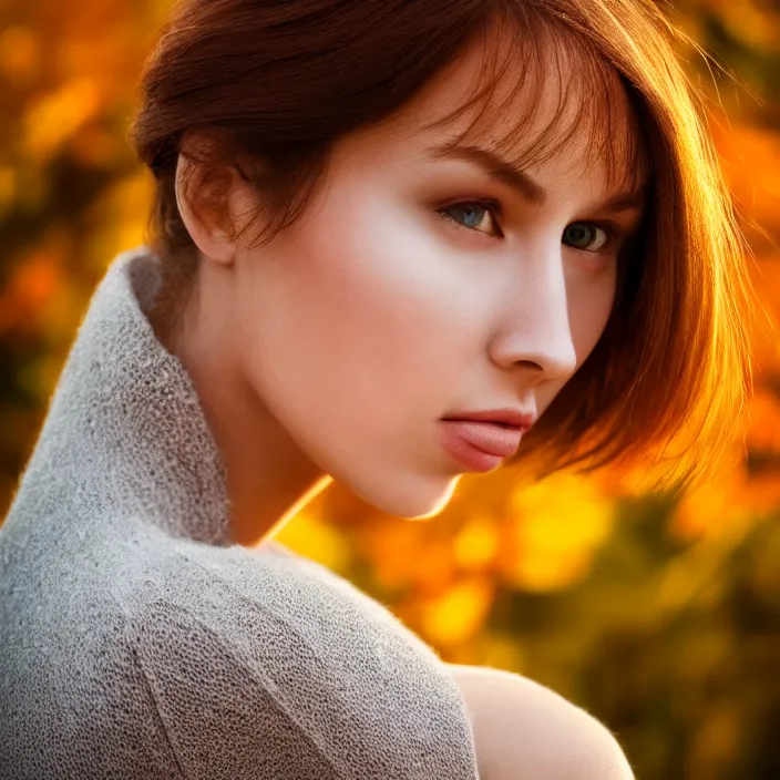 Image similar to portrait of a beautiful woman. very coherent symmetrical artwork. cinematic, hyper realism, high detail, 8k, soft autumn sunlight, natural background, 50 mm lens photography, 3/4 view