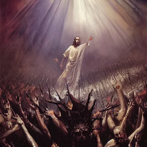 Image similar to painting of Jesus descending into hell in the style of Dante's Inferno, surrounded by a vivid silver light, flowing royal robes with goly inlay, crown of thorns spotted with blood upon his head, stern expression with a chiseled jaw and fiery eyes, by Jeremy Mann, stylized, detailed, realistic, loose brush strokes, intricate, beautiful