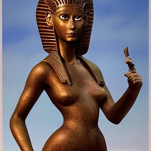 Prompt: artwork Anck-Su-Namun near bronze cat statue in the movie Mummy 1999, her 20s, egyptian hair and makeup, oil paintend skin, by Ilya Kuvshinov