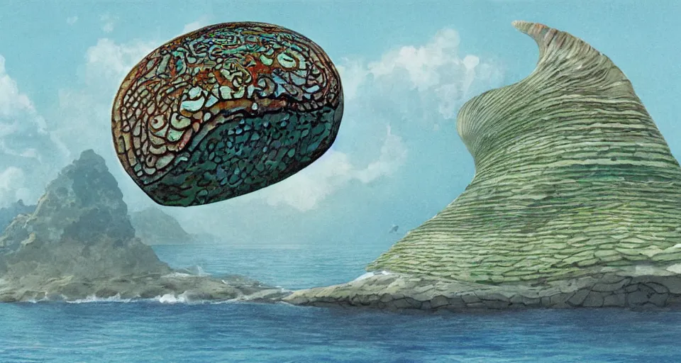 Prompt: painting of a giant abalone - shaped seashell house in the ocean, by roger dean, john harris, cell shaded graphics, concept art, minimalist