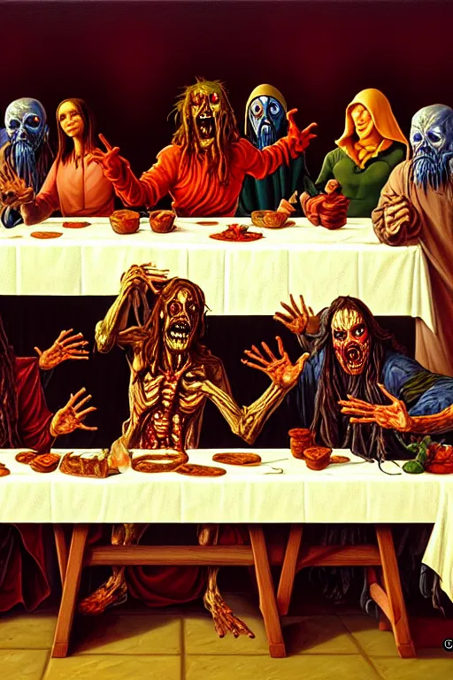 Prompt: classic oil painting, a zombie, as a dnd character, sitting at the last supper, cottagecore, highly detailed, digital illustration, concept art, smooth, sharp focus, art by tim hildebrandt, and sandro botticelli