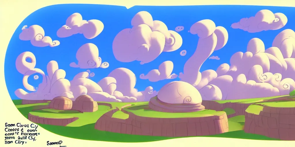 Prompt: chubby cartoon concept art, spiral clouds sky, from sam and max