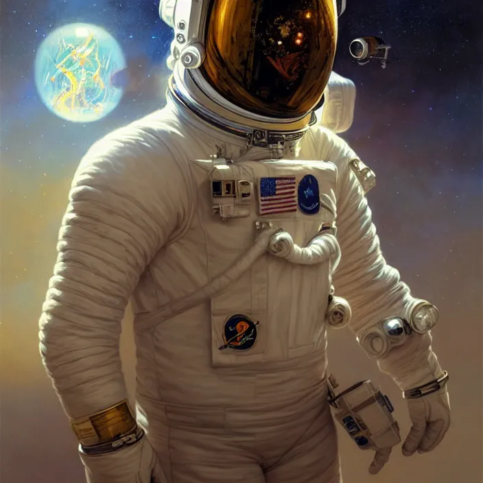 Prompt: astronaut with reflections on visor, diffuse lighting, fantasy, intricate, elegant, highly detailed, lifelike, photorealistic, digital painting, artstation, illustration, concept art, smooth, sharp focus, art by John Collier and Albert Aublet and Krenz Cushart and Artem Demura and Alphonse Mucha