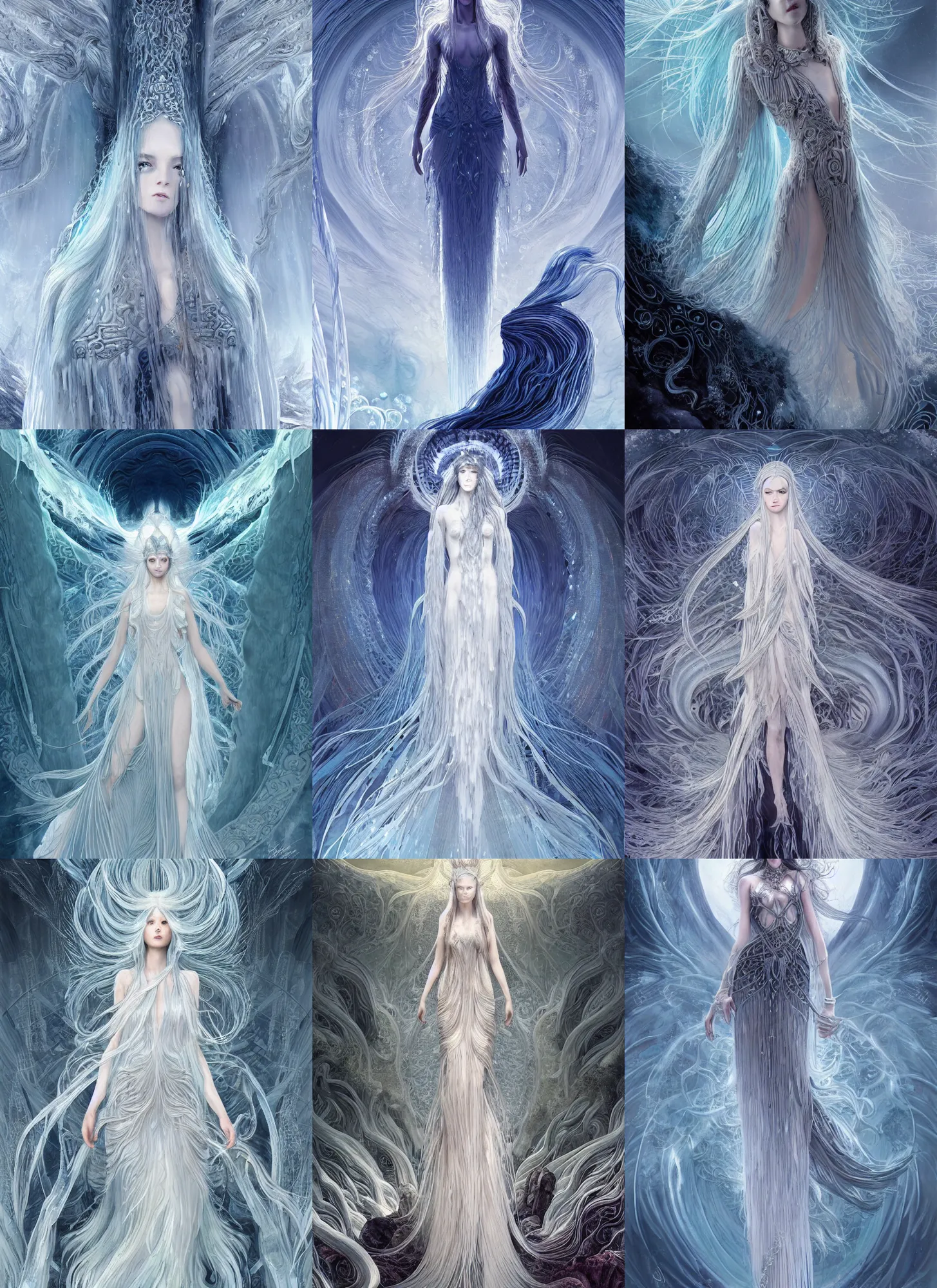 Prompt: goddess made of ice long hair like a waterfall, full body, horizontal symmetry!, elegant, intricate, highly detailed, fractal background, digital painting, artstation, concept art, wallpaper, smooth, sharp focus, illustration, epic light, art by kay nielsen and zeen chin and wadim kashin and sangyeob park, terada katsuya