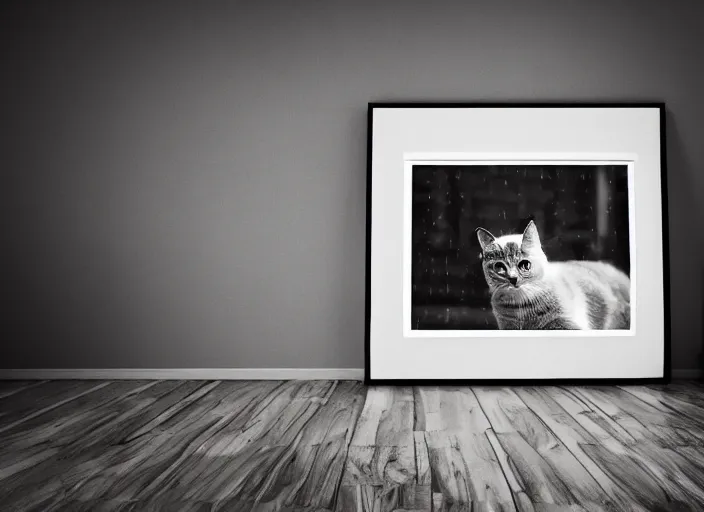 Image similar to photography of a Cat sitting on a box. in a room full of posters, photorealistic, raining award winning photo, 100mm, sharp, high res