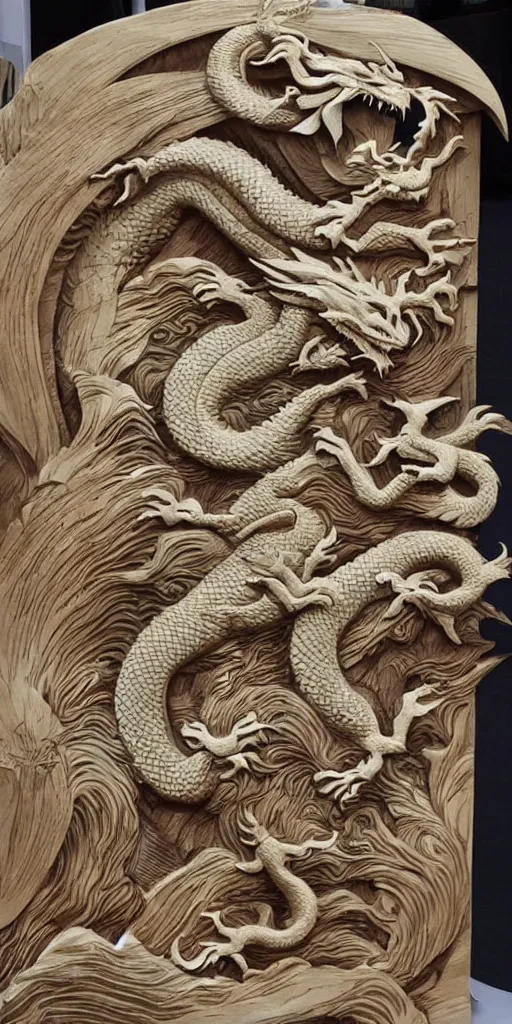 Prompt: Woodcarving of dragon with beautiful giant waves