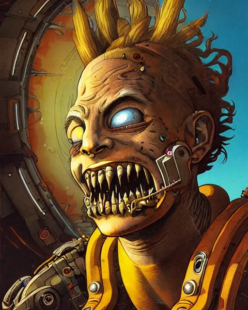 Image similar to junkrat from overwatch, character portrait, portrait, close up, concept art, intricate details, highly detailed, vintage sci - fi poster, in the style of chris foss, rodger dean, moebius, michael whelan, and gustave dore