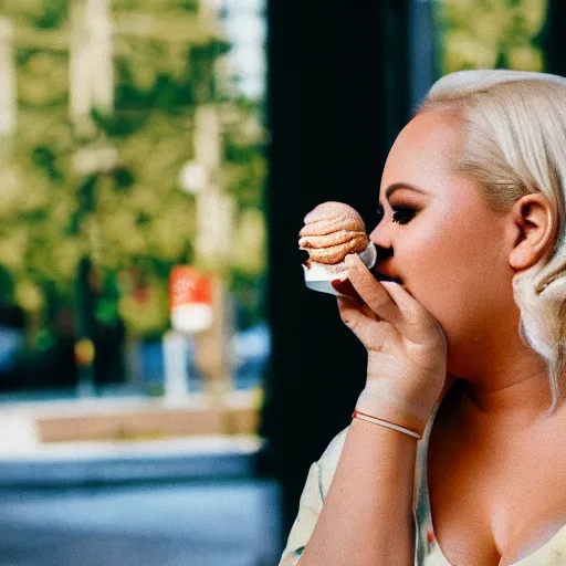 Image similar to trisha paytas eating ice cream, shallow depth of field, bokeh, anamorphic lens flare, 8k, hyper detailed, 35mm