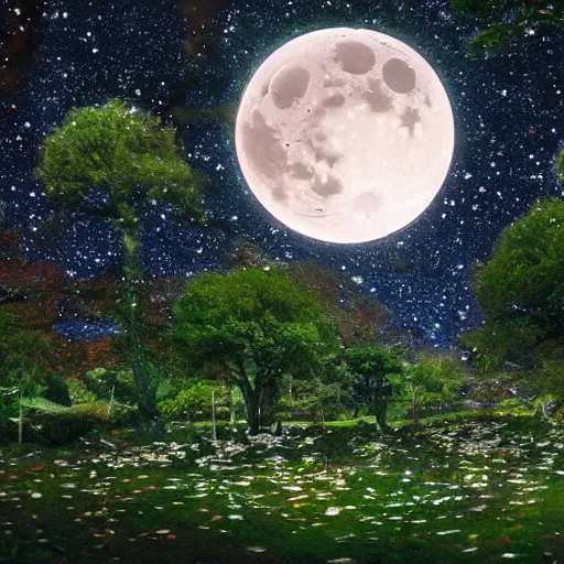 Prompt: a serene forest of faeries, beautiful double crescent moon in the night sky