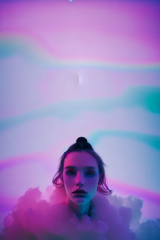 Image similar to high quality pastel coloured film close up wide angle photograph of a model wearing clothing swimming on cloud furniture in a icelandic black rock!! environment in a partially haze filled dreamstate world. three point light, rainbow. photographic production. art directed. pastel colours. volumetric clouds. pastel gradient overlay. waves glitch artefacts. extreme facial clarity. 8 k. filmic.