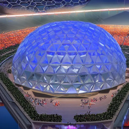 Prompt: a futuristic stadium in the middle of a city, hexagonal shaped, hexadome, blue energy field dome, unreal engine, epic lighting, crowd cheering