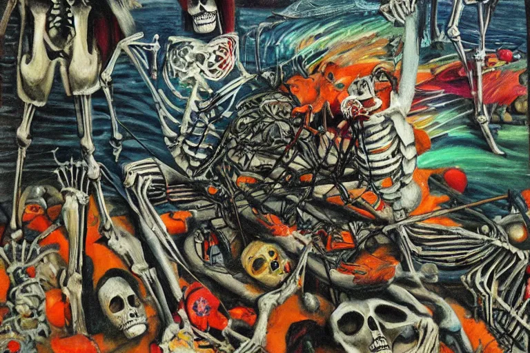Prompt: scene from fishing, day of the dead, cyber skeleton, neon painting by otto dix