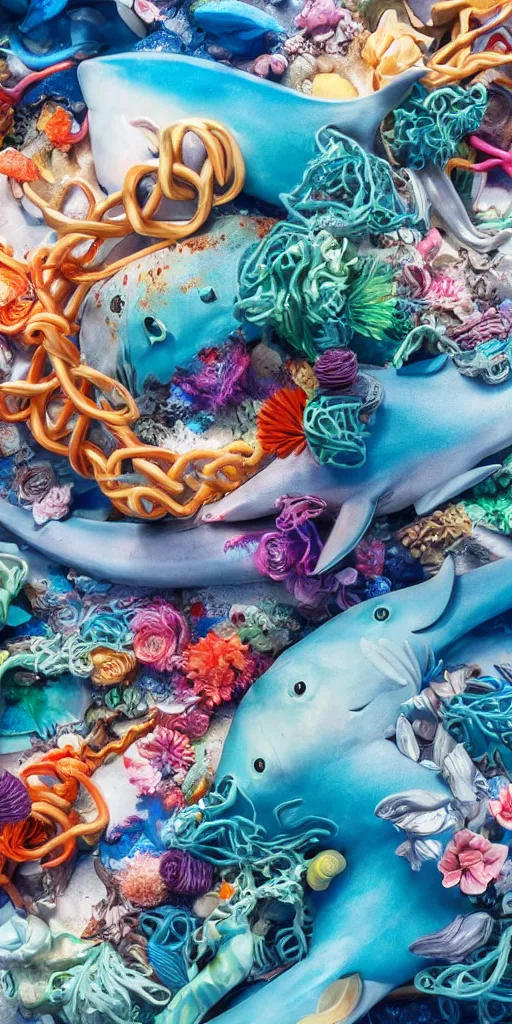 Prompt: closeup photograph of a surrealist sculpture fish intertwined, a lovely cornucopia of flowers and shark, ocean, paint pour, swirling paint, muted color palette, skin tones, highly detailed, octane render, cinematic, super resolution