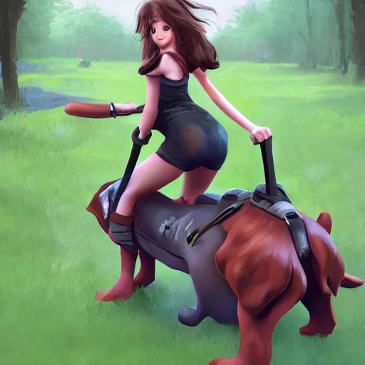 Prompt: girl riding a giant dog in the park, trending on artstation