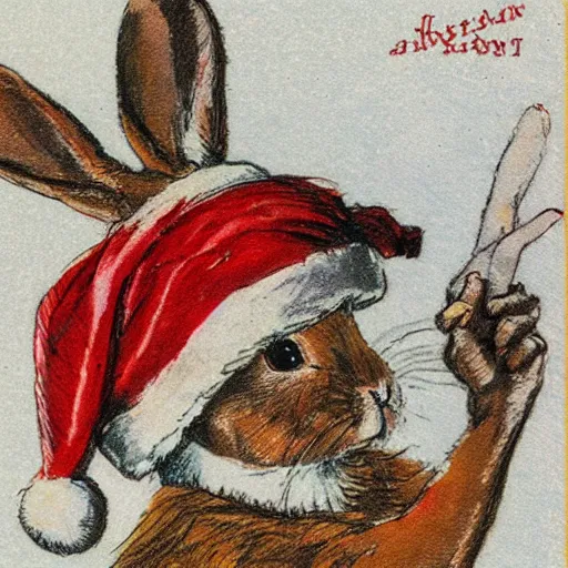 Image similar to a christmas card of a rabbit dressed as santa, in the style of anders zorn