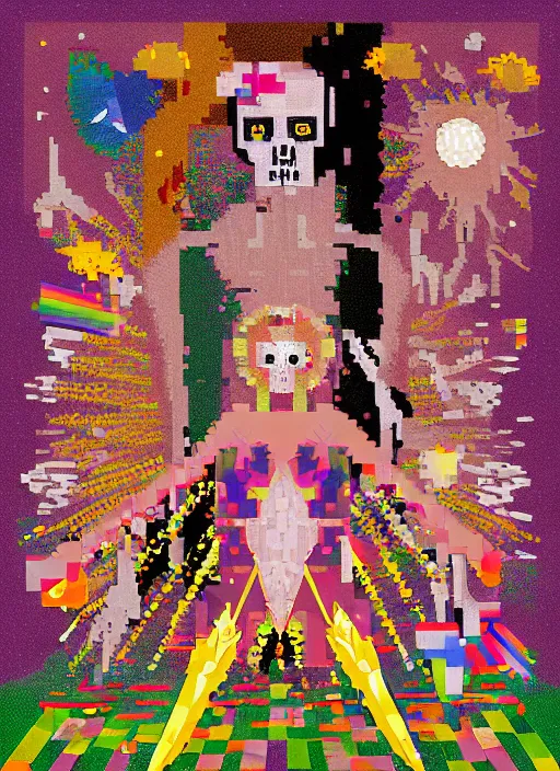 Prompt: pixel decollage painting tarot magician card golden armor wounded harpy siren bone carcass flying zombie in a translucent broken rainbow bone cage with diamond maggot dead bear in a field of armed with rockets diamond crystal mushrooms and colorful machines in front of pink rising sun, by mark rothko, helen frankenthaler, danny fox and hilma af klint, pixelated, expressionism