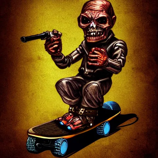 Image similar to creepy terminator smoking a pipe riding a skateboard, digital art, gloomy, action,
