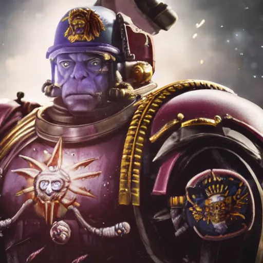 Image similar to nigel farage as a space marine in warhammer space marine, splash art, movie still, cinematic lighting, dramatic, octane render, long lens, shallow depth of field, bokeh, anamorphic lens flare, 8 k, hyper detailed, 3 5 mm film grain