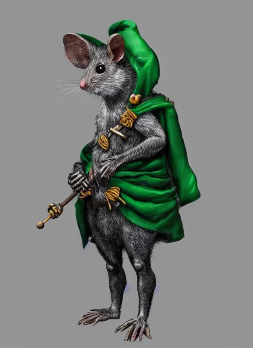 Prompt: gray rat standing on two legs, wearing jewelry, green eyes, tricorne hat, green robe, D&D, digital art, realistic, trending on artstation, 4k