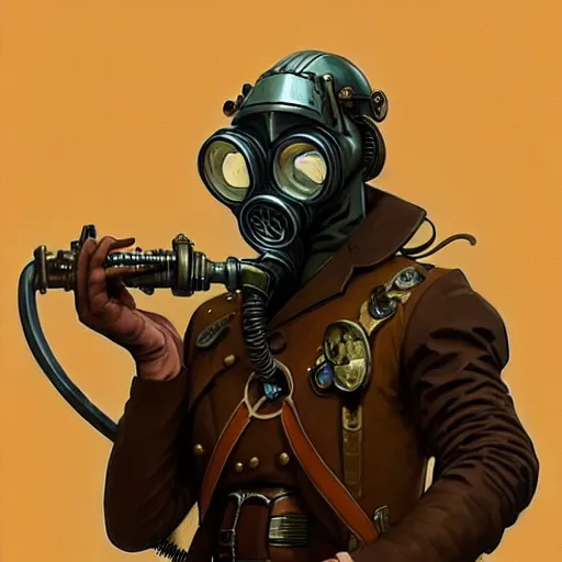 Prompt: portrait of a vicotrian steampunk in suit wearing a gas mask by darek zabrocki and greg ruthkowski, alphonse mucha, simon stalenhag and cinematic and atmospheric, concept art, artstation, trending on artstation