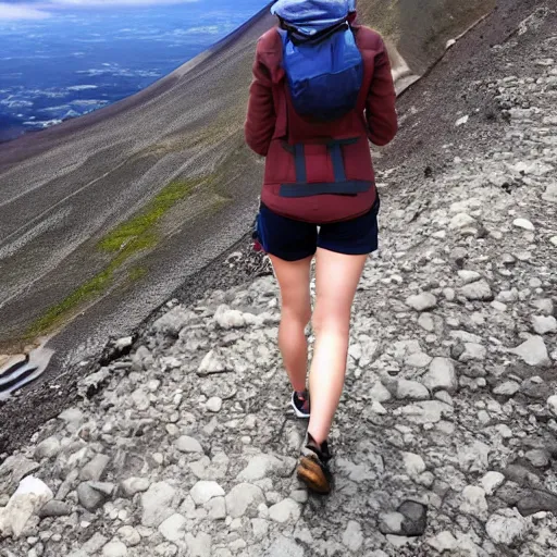 Prompt: beautiful blond silver hair young woman walking up Mount Fuji, manga