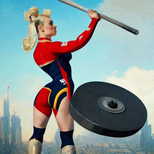 Image similar to socialist realism propaganda poster of margot robbie as beautiful female weightlifter from overwatch, portrait, profile picture, socialist realism, highly detailed, intricate, digital painting, artstation, sharp focus, illustration, art by jakub rozalski, greg rutkowski, artgerm, tan zi and ayanamikodon and alphonse mucha and wlop