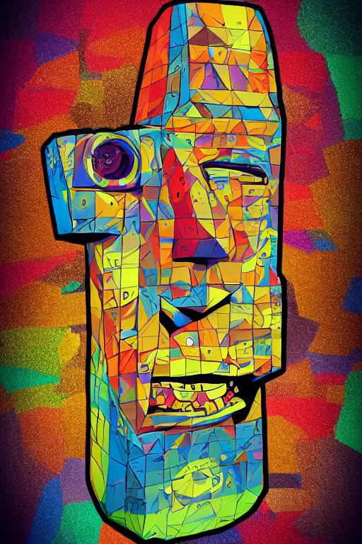 Prompt: sticker art, cronobreaker moai statue popart slap face caricature comic book illustration cartoon graffity street digital by os gemeos and aristarkh lentulov artstation bill cipher colorful vibrant beeple, by thomas kinkade