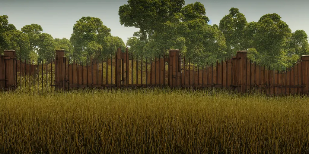 Image similar to Render of a large scale field landscape. single gate as centerpiece. Stylized. Digital art. Medieval. Highly detailed. Unreal engine 5. 8k. Evocative.