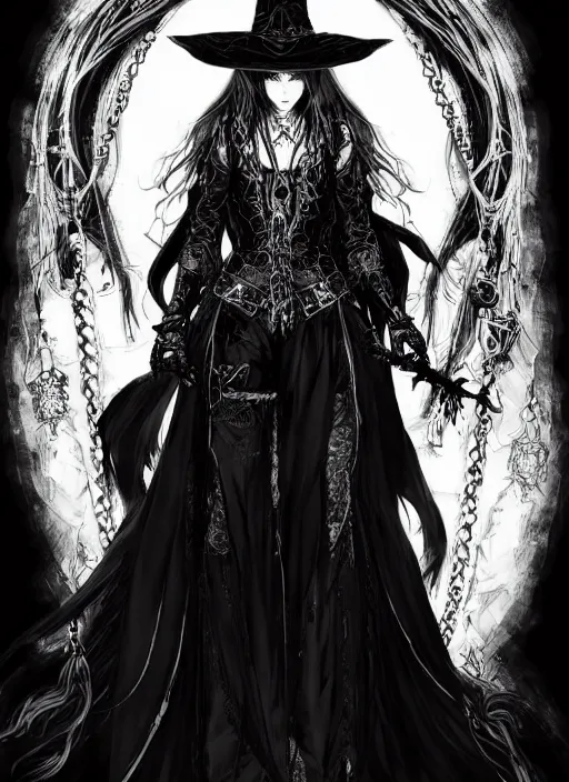 Image similar to beautiful human witch with blonde long straight hair in intricate ornate witch robe, haughty evil look, witch hat. in style of yoji shinkawa and hyung - tae kim, trending on artstation, dark fantasy, great composition, concept art, highly detailed, dynamic pose.