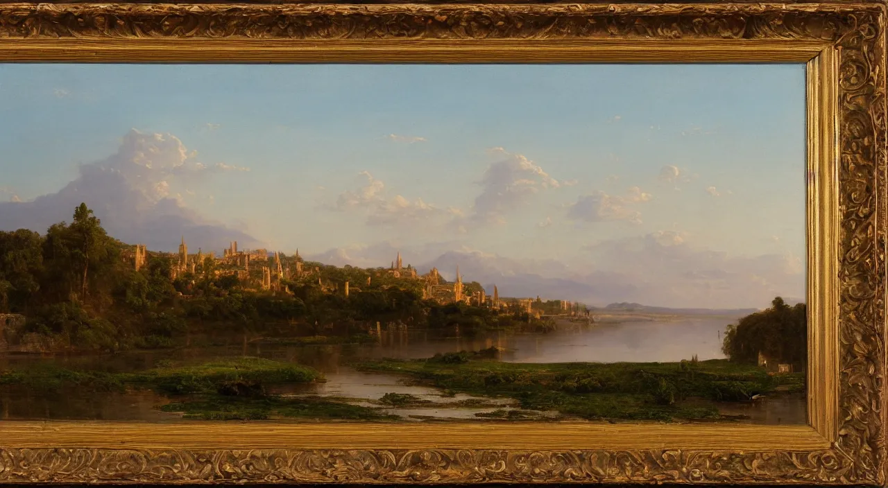 Prompt: a medieval city on the edge of a lake..Landscapes.by Frederic Edwin Church.oil on canvas.4k