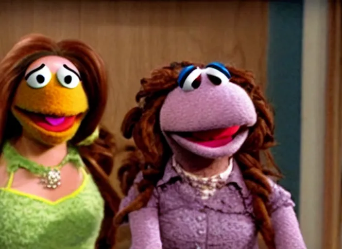 Prompt: film still of!!! muppet muppet!!!!! pam beesly as a muppet muppet muppet as a muppet as a muppetin the tv show the office