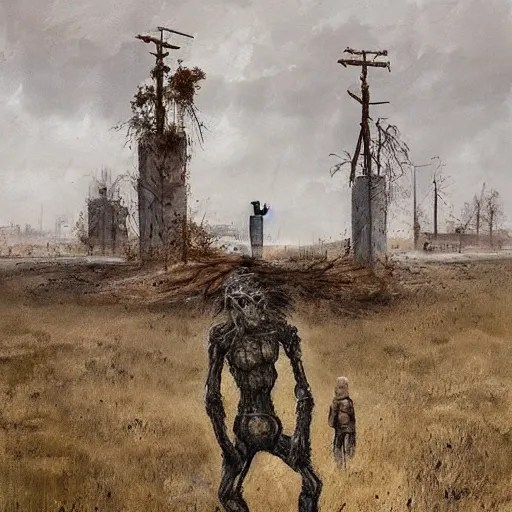 Image similar to painting of a abandoned post soviet town infested with humanoid root monsters by jakub rozalski