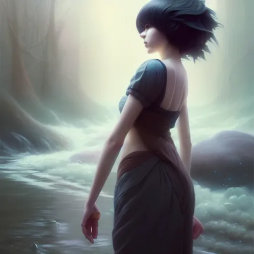 Image similar to girl by tom bagshaw, walking past a flowing river by ilya kuvshinov, rtx reflections, octane render 1 2 8 k, extreme high intricate details by wlop, digital anime art by ross tran, medium shot, close up shot, composition by sana takeda, dramatic lighting by greg rutkowski