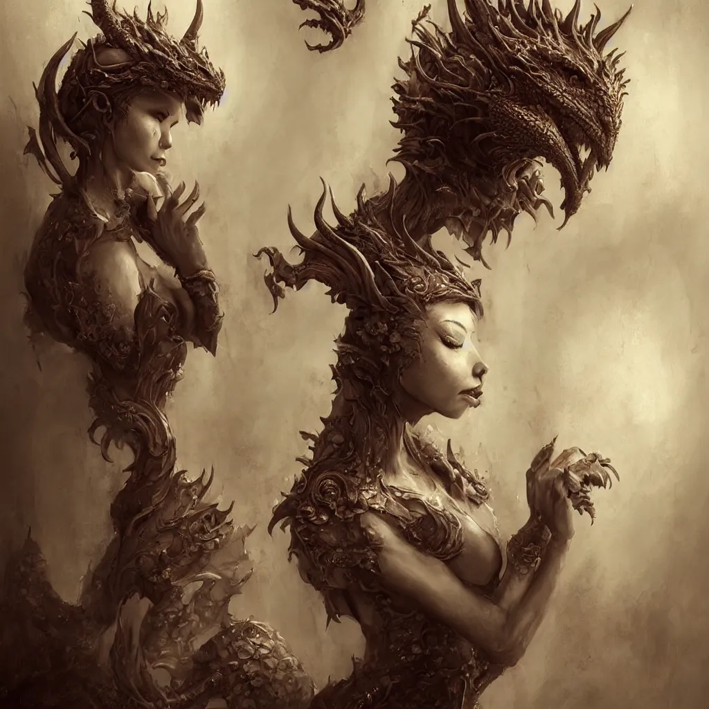 Image similar to a woman in a costume with a dragon on her head, an ultrafine detailed painting by Bastien Lecouffe-Deharme, featured on zbrush central, fantasy art, zbrush, detailed painting, ambient occlusion realistic cinematic style, filmed in 70mm, volumetric lighting, octane render, photographic, concept art, artist Leonardo DaVinci, unreal engine, 8k