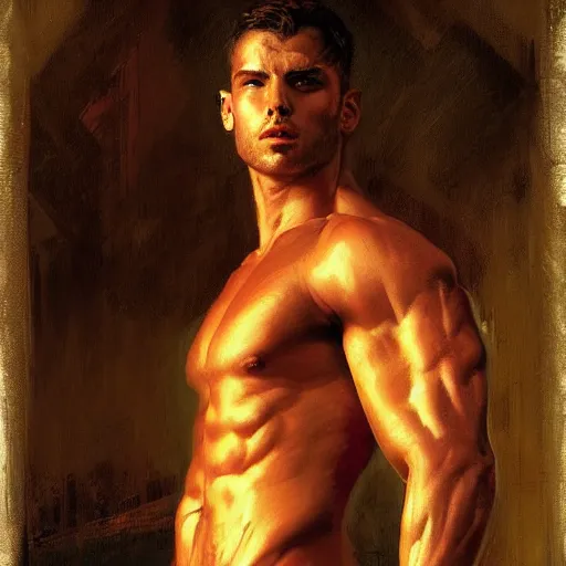 Image similar to handsome portrait of a young guy fitness posing, war hero, flexing abs, radiant light, caustics, by gaston bussiere, bayard wu, greg rutkowski, giger, maxim verehin