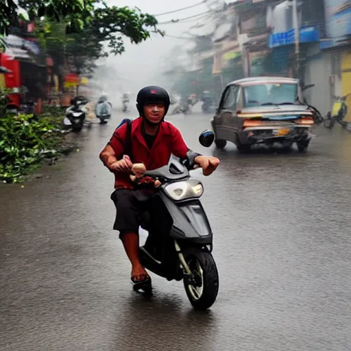 Prompt: a man riding a moped during a tornado hurricane, hanoi vietnam