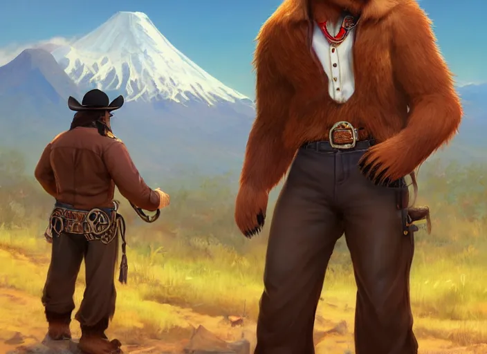 Image similar to character portrait feature of the anthro male anthropomorphic kamchatka brown bear fursona wearing cowboy outfit wild west desperado character design stylized by charlie bowater, ross tran, artgerm, and makoto shinkai, detailed, soft lighting, rendered in octane
