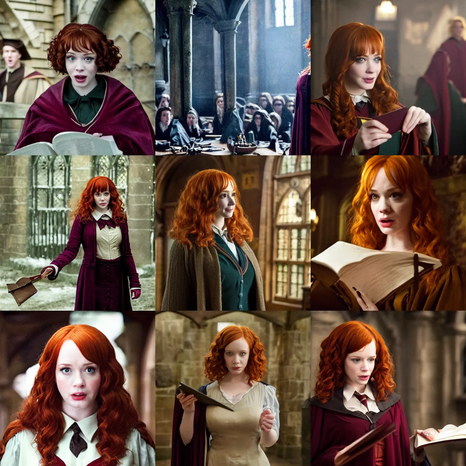Prompt: a very surprised looking beautiful christina hendricks dressed as a hogwarts student, harry potter film still from the movie directed by denis villeneuve, wide lens