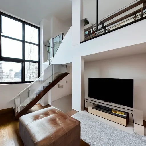 Prompt: photo of an apartment with high windows and staircase leading to second floor, modern furnishing. A tv stands in the corner in front of a couch. The other corner has a dining table.