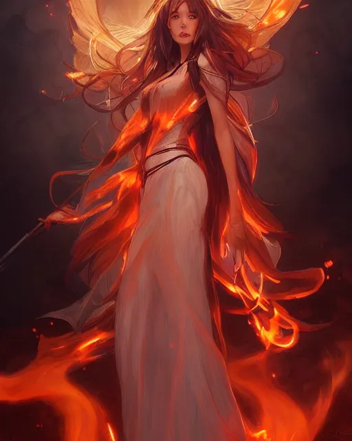 Image similar to beautiful long haired anime girl, fire dress, full body photo, flames everywhere, highly detailed, digital painting, artstation, concept art, smooth, sharp focus, illustration, art by artgerm and greg rutkowski and alphonse mucha