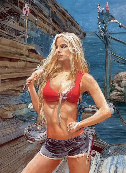 Image similar to , a gorgeous hulking woman with very long hip-length blonde hair, happy sunny day, wearing a cut-off white top and red dirt cut-off shorts standing by the water, beach tennis, modern architecture, in the style of artgerm and moebius and annie liebovitz, marvel comics, photorealistic, highly detailed, trending on artstation, Gediminas Pranckevicius