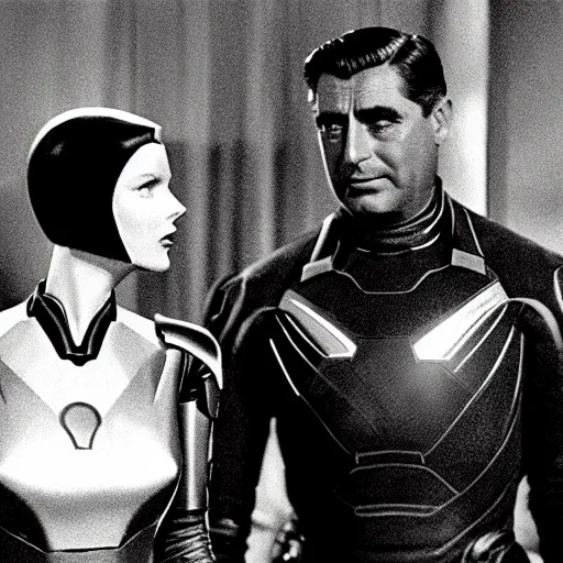 Prompt: Still of Cary Grant as Iron Man and Katharine Hepburn as Black Widow in the Avengers