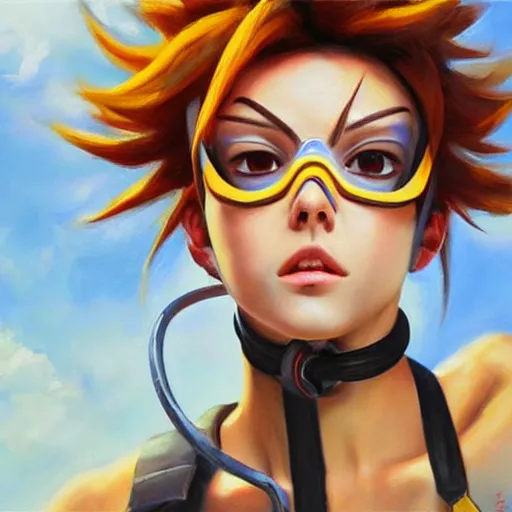 Image similar to oil painting of tracer overwatch in a field wearing tall steel choker around neck, in style of mark arian, expressive face, detailed face, detailed eyes, full body, feminine face, tracer overwatch,