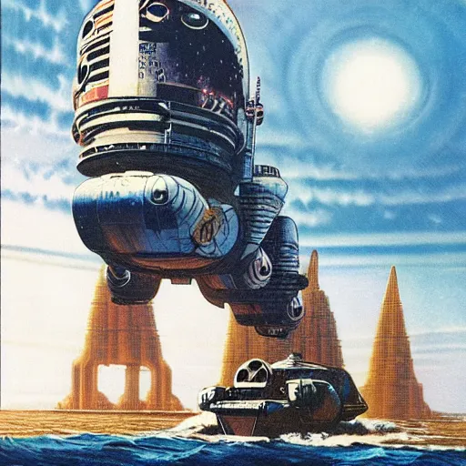 Prompt: big weird spaceship on the ocean floor, chris foss, peter elson, angus mckie, terran trade authority