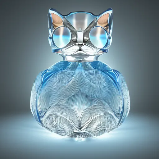 Prompt: An elegantly designed perfume bottle, in the form of a cat, half filled with liquid, very detailed, high refraction, soft blue volumetric lighting, DoF narrow, octane render UHD, made by René Lalique