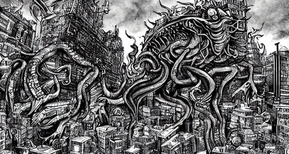 Image similar to cthulhu attacking a detailed cityscape, horror, lovecraftian, in the style of junji ito, lineart, manga, shirow masamune