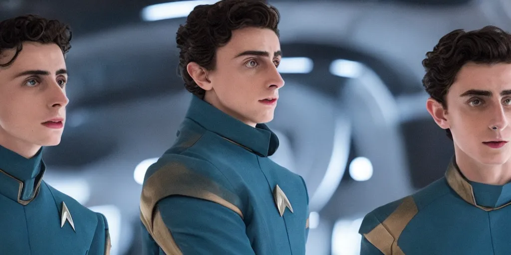 Prompt: Timothée Chalamet plays as captain in Star Trek Deep Space Nine, warp core in the background, 35mm photography, highly detailed, cinematic lighting, 4k, movie still