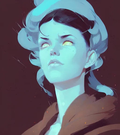 Image similar to portrait of a female mage, by atey ghailan, by greg rutkowski, by greg tocchini, by james gilleard, by joe fenton, by kaethe butcher, dynamic lighting, gradient light blue, brown, blonde cream and white color scheme, grunge aesthetic