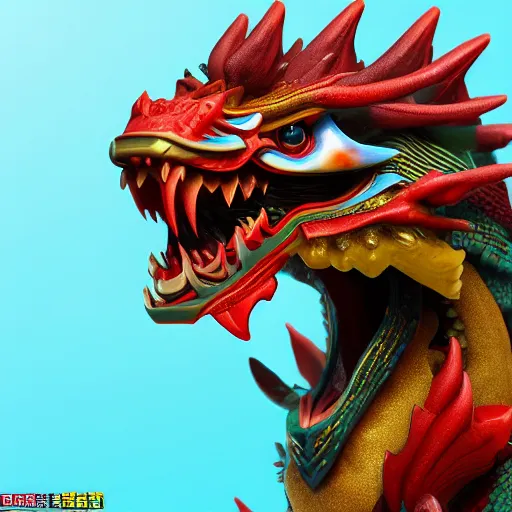 Prompt: closeup 3 d toy chinese bestiary dragon as funco toy, war cry, plastic, sss, octane 4 k render, studio lighting, artstation, cyan photographic backdrop, 1 0 5 mm, f 2. 8 aperture