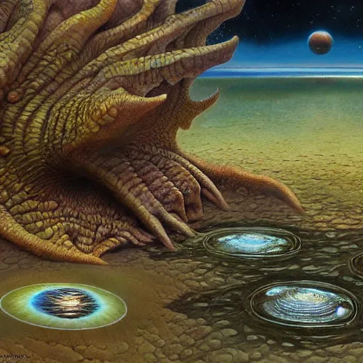 Image similar to Life in an Alien Tide Pool on an Exoplanet, art by Jim Burns and Donato Giancola